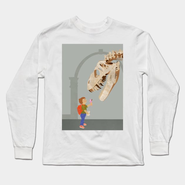 Little boy feeding museum dinosaur fossil ice cream Long Sleeve T-Shirt by NattyDesigns